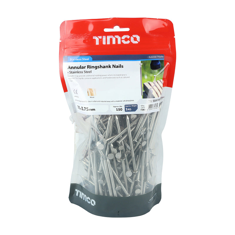 TIMCO Annular Ringshank Nails A2 Stainless Steel - 75 x 3.75 - Pack Quantity - 1 Kg