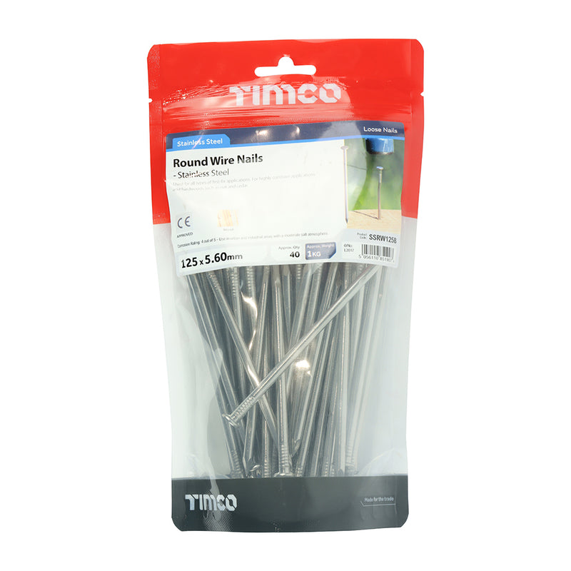 TIMCO Round Wire Nails A2 Stainless Steel - 125 x 5.60 - Pack Quantity - 1 Kg