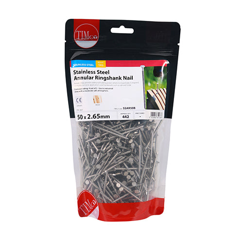 TIMCO Annular Ringshank Nails A2 Stainless Steel - 50 x 2.65 - Pack Quantity - 1 Kg