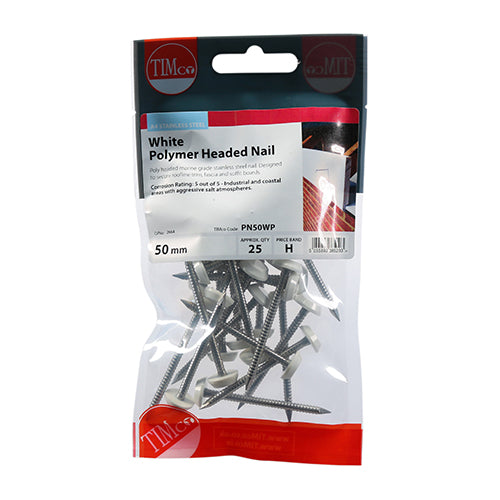 TIMCO Polymer Headed Nails A4 Stainless Steel White - 50mm - Pack Quantity - 100