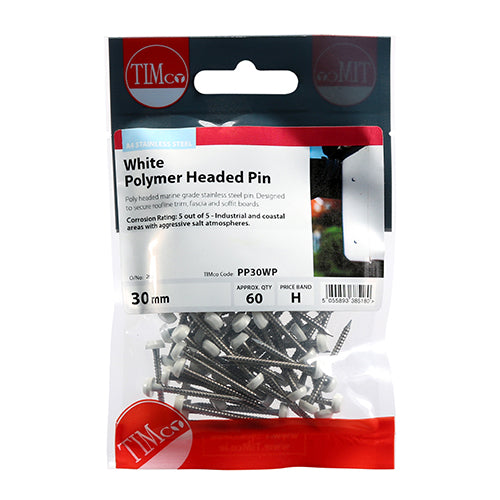 TIMCO Polymer Headed Pins A4 Stainless Steel White - 30mm - Pack Quantity - 60