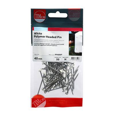 TIMCO Polymer Headed Pins A4 Stainless Steel White - 40mm - Pack Quantity - 50