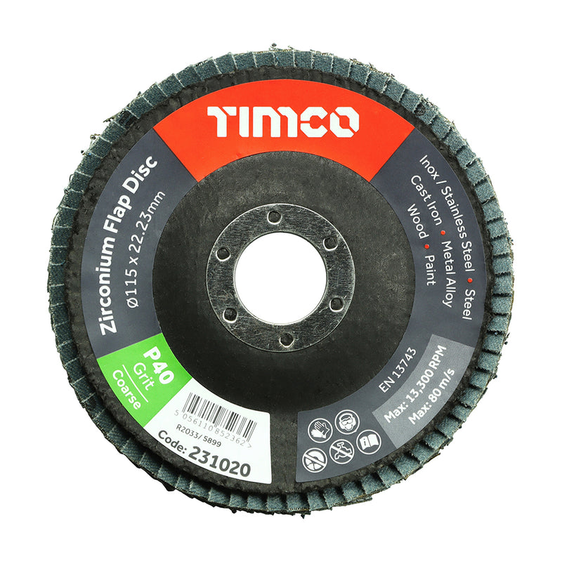 TIMco Flap Disc Zirconium Type 29 Conical P40 Grit - 115 x 22.23 - 1 Piece