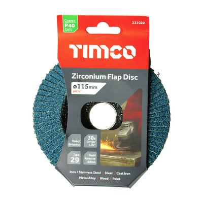 TIMco Flap Disc Zirconium Type 29 Conical P40 Grit - 115 x 22.23 - 1 Piece