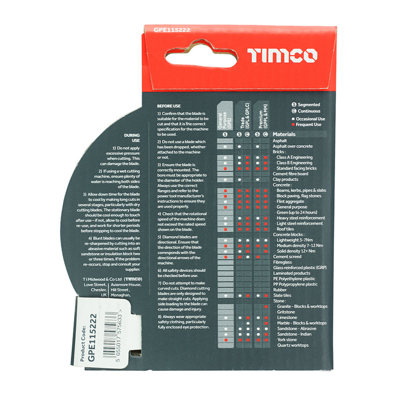 TIMco General Purpose Diamond Blade Segmented  - 115 x 22.2 - 1 Piece