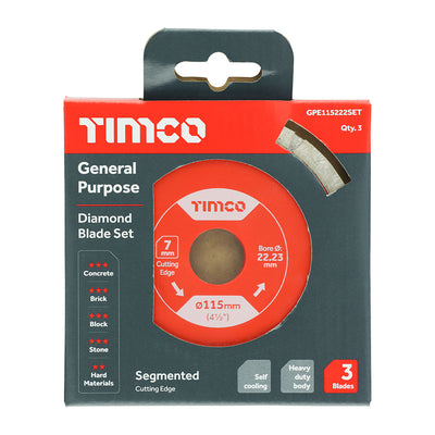 TIMco General Purpose Diamond Blade Segmented  - 115 x 22.2 - 3 Pieces