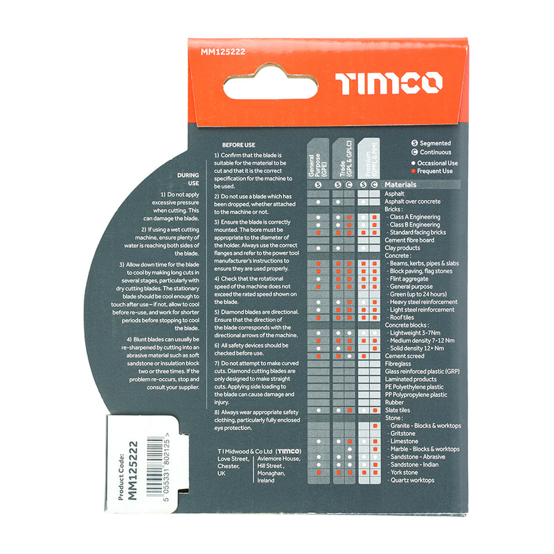 TIMco Premium Diamond Blade Continuous  - 125 x 22.2 - 1 Piece