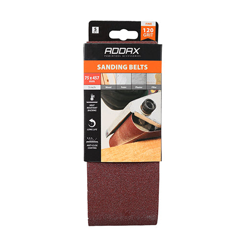 TIMco Sanding Belts 120 Grit Red - 75 x 457mm - 5 Pieces