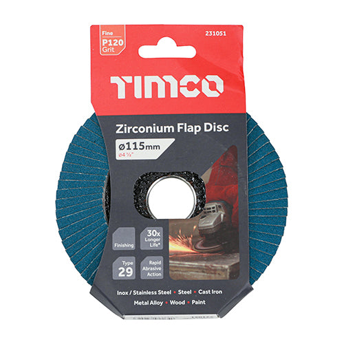 TIMco Flap Disc Zirconium Type 29 Conical P120 Grit - 115 x 22.23 - 1 Piece