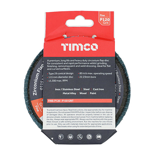 TIMco Flap Disc Zirconium Type 29 Conical P120 Grit - 115 x 22.23 - 1 Piece