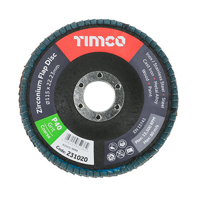 TIMco Set of Flap Discs Zirconium Type 29 Conical P40 Grit - 115 x 22.23 - 10 Pieces