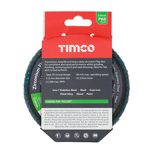 TIMco Flap Disc Zirconium Type 29 Conical P60 Grit - 115 x 22.23 - 1 Piece