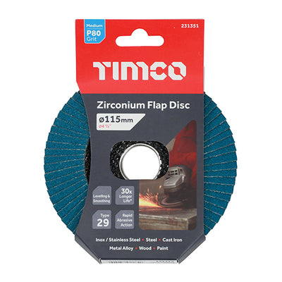 TIMco Flap Disc Zirconium Type 29 Conical P80 Grit - 115 x 22.23 - 1 Piece