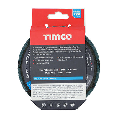 TIMco Flap Disc Zirconium Type 29 Conical P80 Grit - 115 x 22.23 - 1 Piece