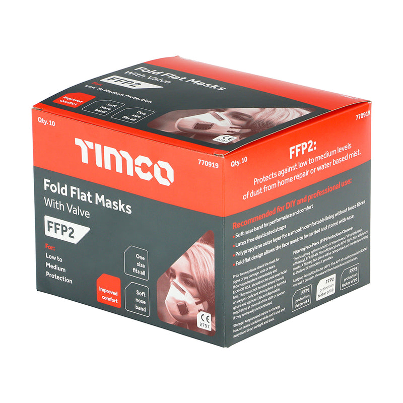 TIMCO FFP2 Fold Flat Valved Masks - One Size - Pack Quantity - 10