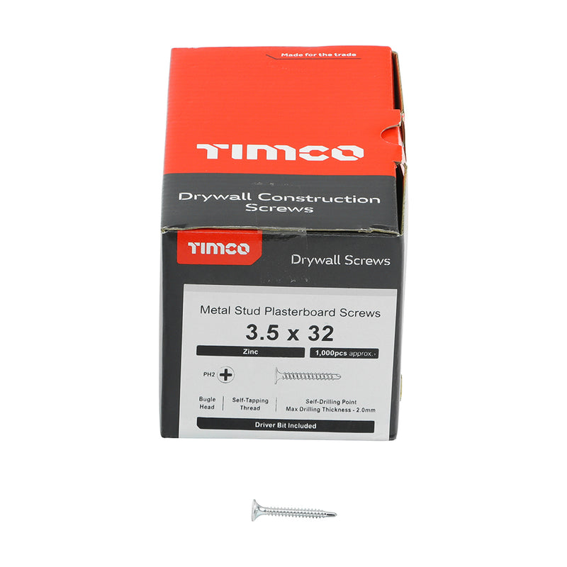 TIMco Drywall Self-Drilling Bugle Head Silver Screws - 3.5 x 32 - 1000 Pieces