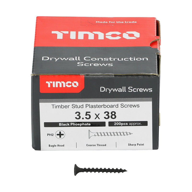 TIMco Drywall Coarse Thread Bugle Head Black Screws - 3.5 x 38 - 200 Pieces