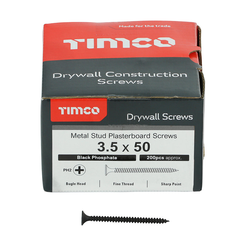 TIMco Drywall Fine Thread Bugle Head Black Screws - 3.5 x 50 - 200 Pieces