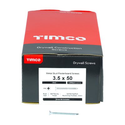 TIMco Drywall Self-Drilling Bugle Head Silver Screws - 3.5 x 50 - 1000 Pieces