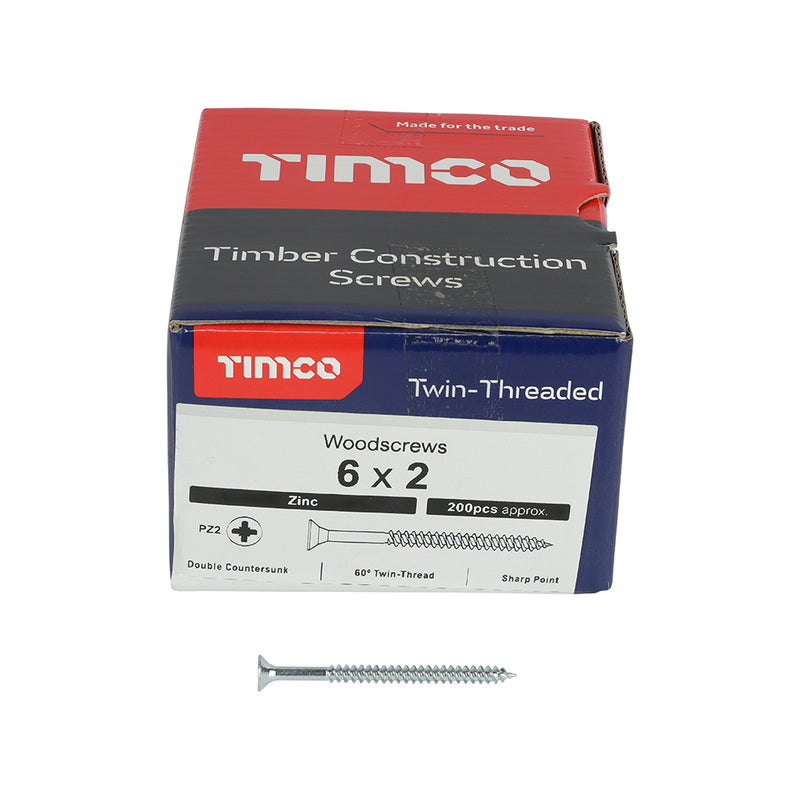 TIMco Twin-Threaded Countersunk Silver Woodscrews - 6 x 2 - 200 Pieces