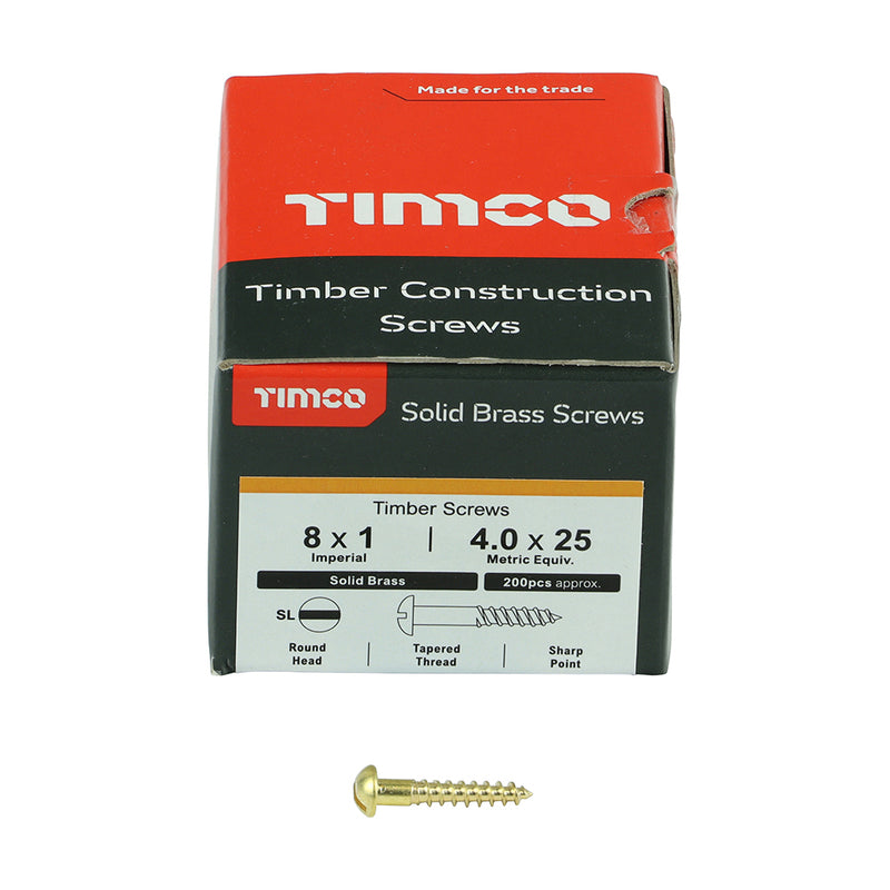 TIMco Solid Brass Round Head Woodscrews - 4 x 1/2 - 200 Pieces
