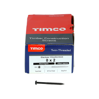 TIMco Twin-Threaded Round Head Black Woodscrews - 8 x 2 - 200 Pieces