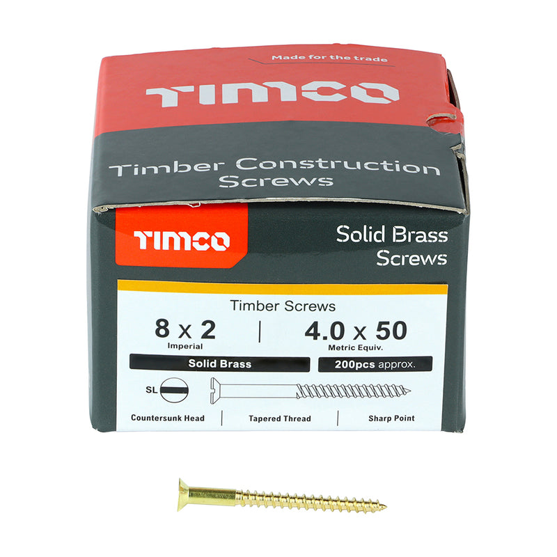 TIMco Solid Brass Countersunk Woodscrews - 8 x 2" - 200 Pieces