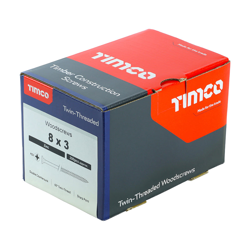 TIMco Twin-Threaded Countersunk Silver Woodscrews - 8 x 3 - 200 Pieces