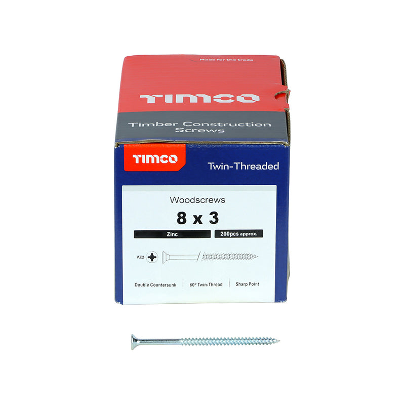 TIMco Twin-Threaded Countersunk Silver Woodscrews - 8 x 3 - 200 Pieces