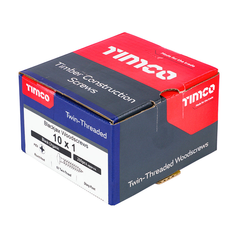 TIMco Twin-Threaded Round Head Black Woodscrews - 10 x 1 - 200 Pieces