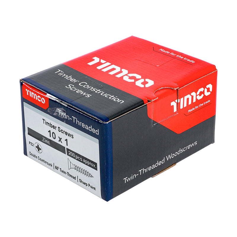 TIMco Twin-Threaded Countersunk Silver Woodscrews - 10 x 1 - 200 Pieces