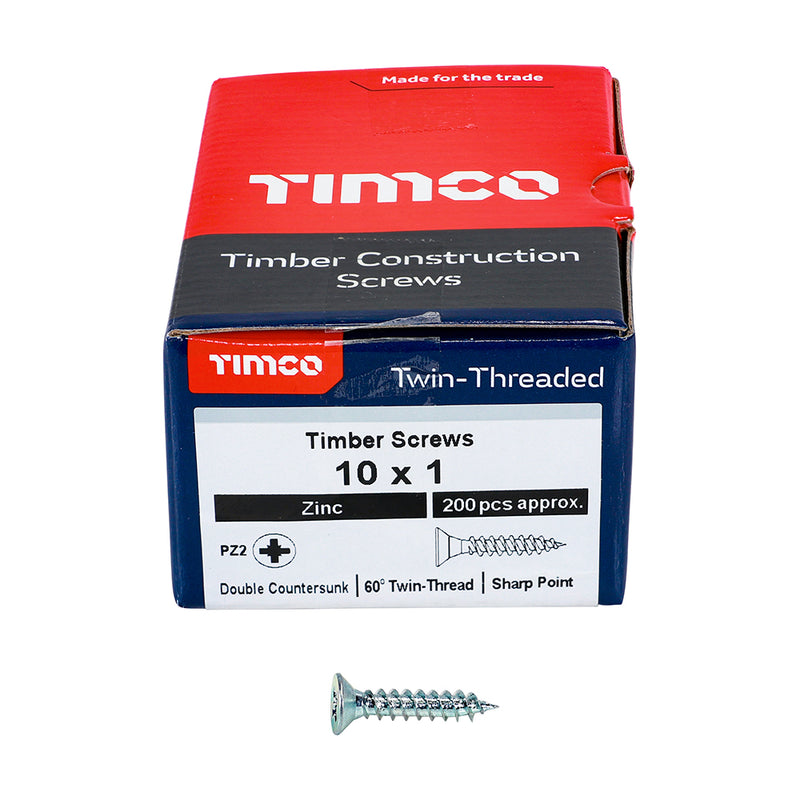 TIMco Twin-Threaded Countersunk Silver Woodscrews - 10 x 1 - 200 Pieces