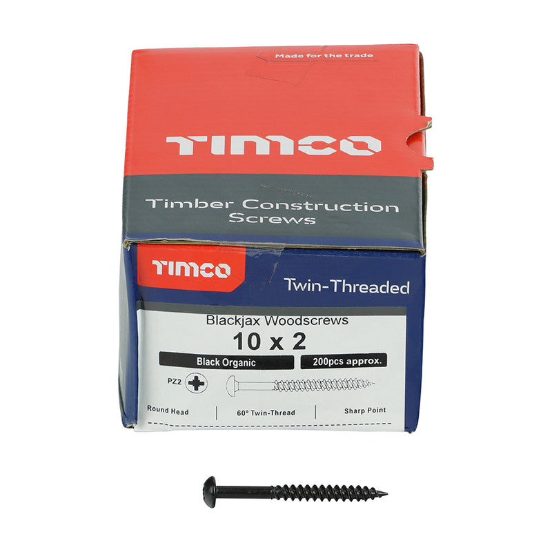 TIMco Twin-Threaded Round Head Black Woodscrews - 10 x 1 1/2 - 200 Pieces