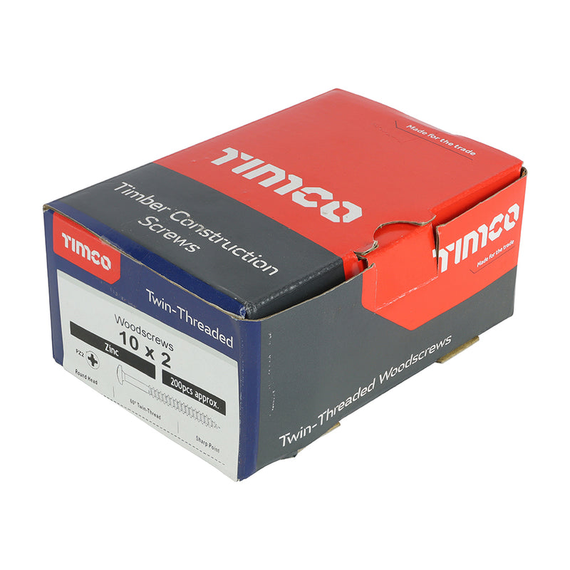 TIMco Twin-Threaded Round Head Silver Woodscrews - 10 x 2 - 200 Pieces