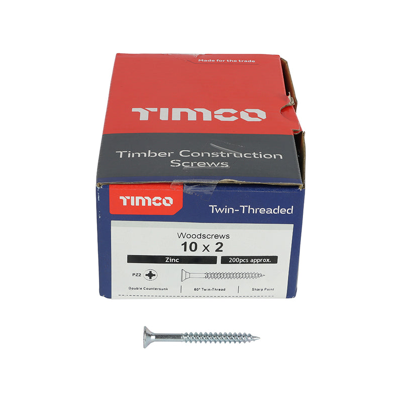 TIMco Twin-Threaded Round Head Silver Woodscrews - 10 x 2 - 200 Pieces