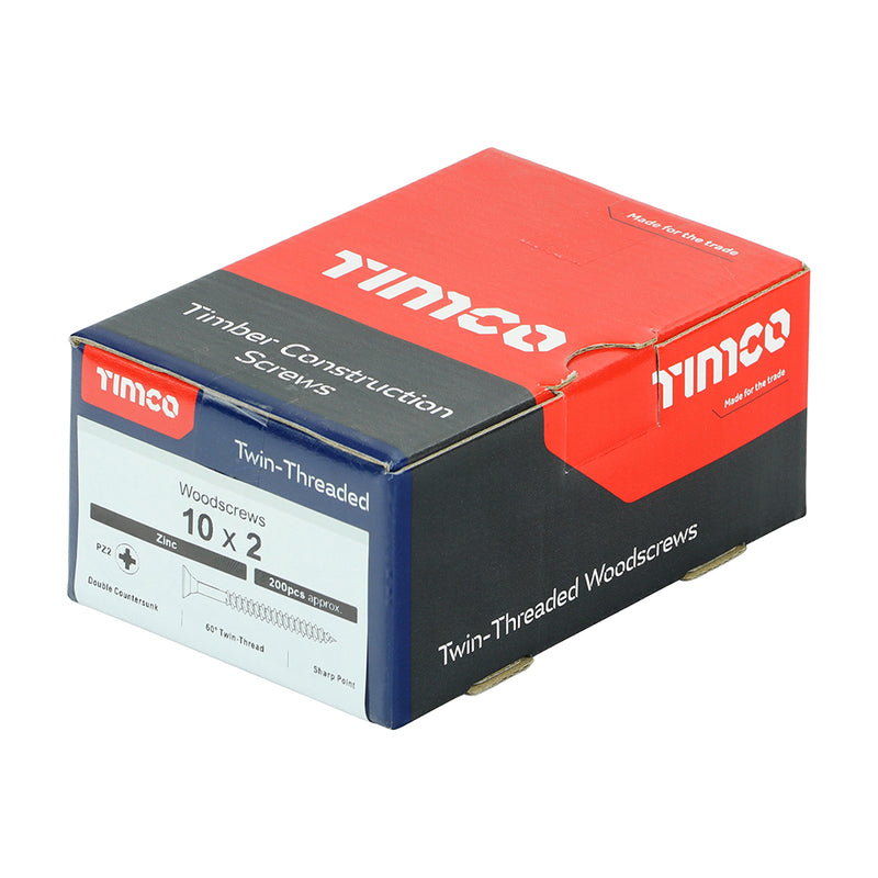 TIMco Twin-Threaded Countersunk Silver Woodscrews - 10 x 2 - 200 Pieces