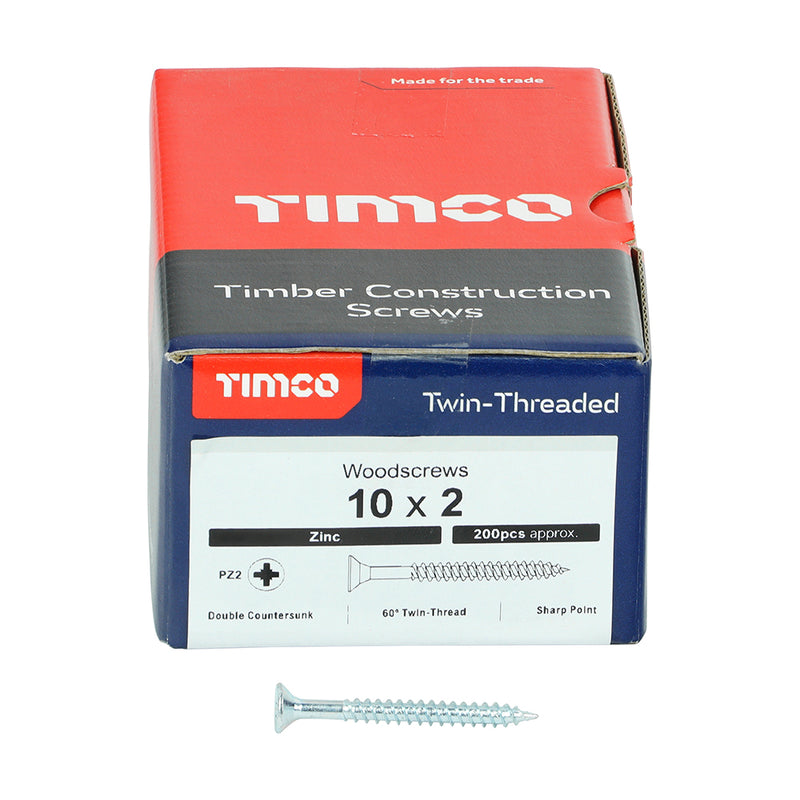 TIMco Twin-Threaded Countersunk Silver Woodscrews - 10 x 2 - 200 Pieces