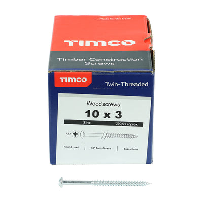 TIMco Twin-Threaded Round Head Silver Woodscrews - 10 x 3 - 200 Pieces