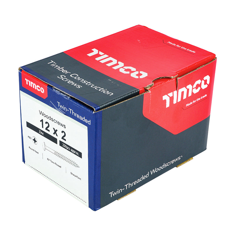 TIMco Twin-Threaded Round Head Silver Woodscrews - 12 x 2 - 200 Pieces