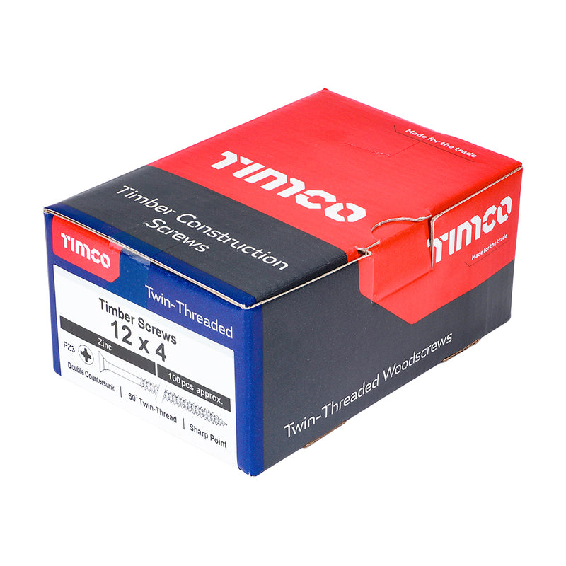 TIMco Twin-Threaded Countersunk Silver Woodscrews - 12 x 4 - 100 Pieces