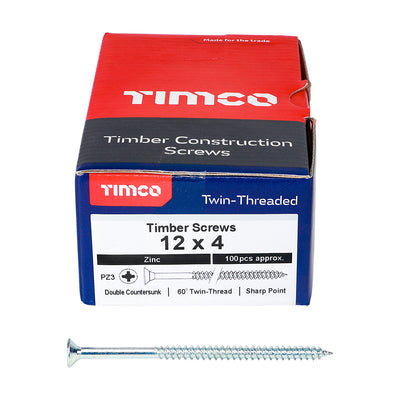 TIMco Twin-Threaded Countersunk Silver Woodscrews - 12 x 4 - 100 Pieces