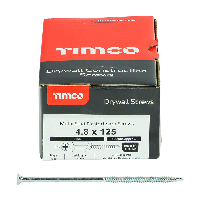 TIMco Drywall Self-Drilling Bugle Head Silver Screws - 4.8 x 125 - 100 Pieces