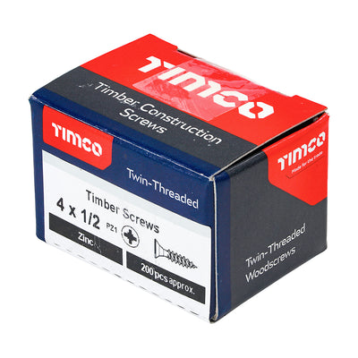 TIMco Twin-Threaded Countersunk Silver Woodscrews - 4 x 1/2 - 200 Pieces