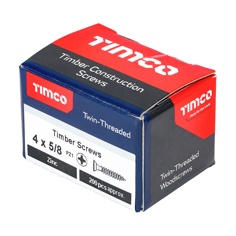TIMco Twin-Threaded Countersunk Silver Woodscrews - 4 x 5/8 - 200 Pieces