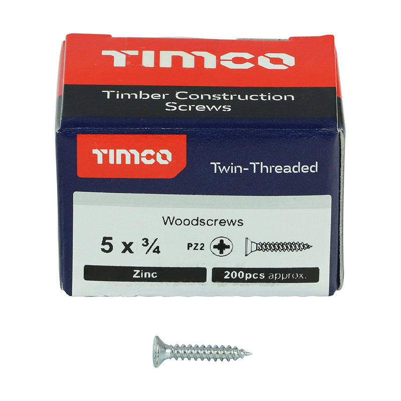 TIMco Twin-Threaded Countersunk Silver Woodscrews - 5 x 5/8 - 200 Pieces