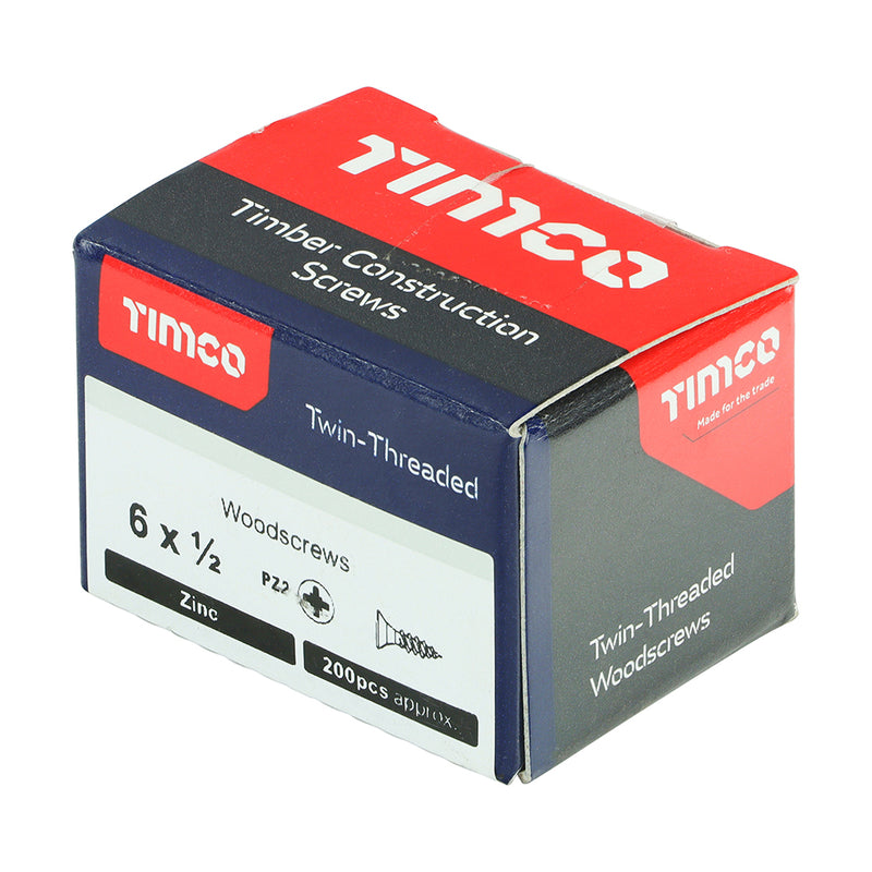 TIMco Twin-Threaded Countersunk Silver Woodscrews - 6 x 1/2 - 200 Pieces