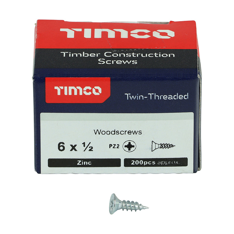 TIMco Twin-Threaded Countersunk Silver Woodscrews - 6 x 1/2 - 200 Pieces