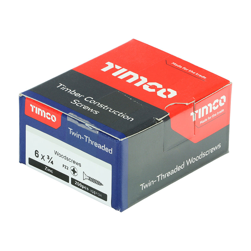TIMco Twin-Threaded Countersunk Silver Woodscrews - 6 x 3/4 - 200 Pieces
