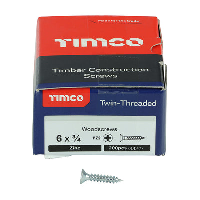 TIMco Twin-Threaded Countersunk Silver Woodscrews - 6 x 3/4 - 200 Pieces