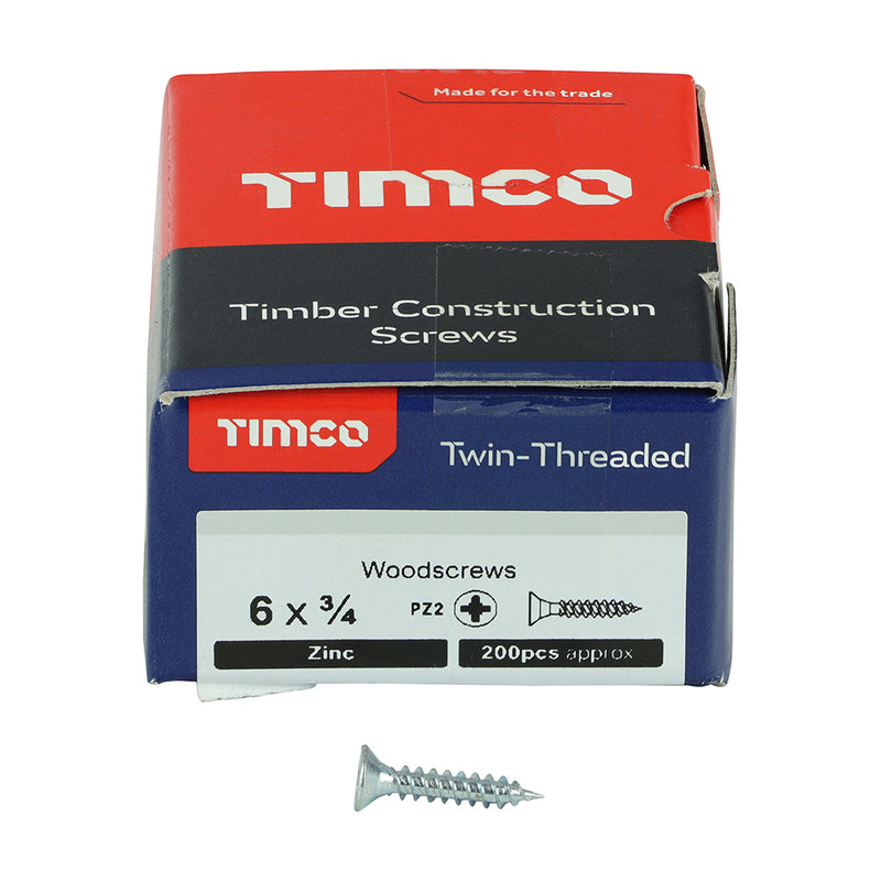 TIMco Twin-Threaded Countersunk Silver Woodscrews - 6 x 3/4 - 200 Pieces